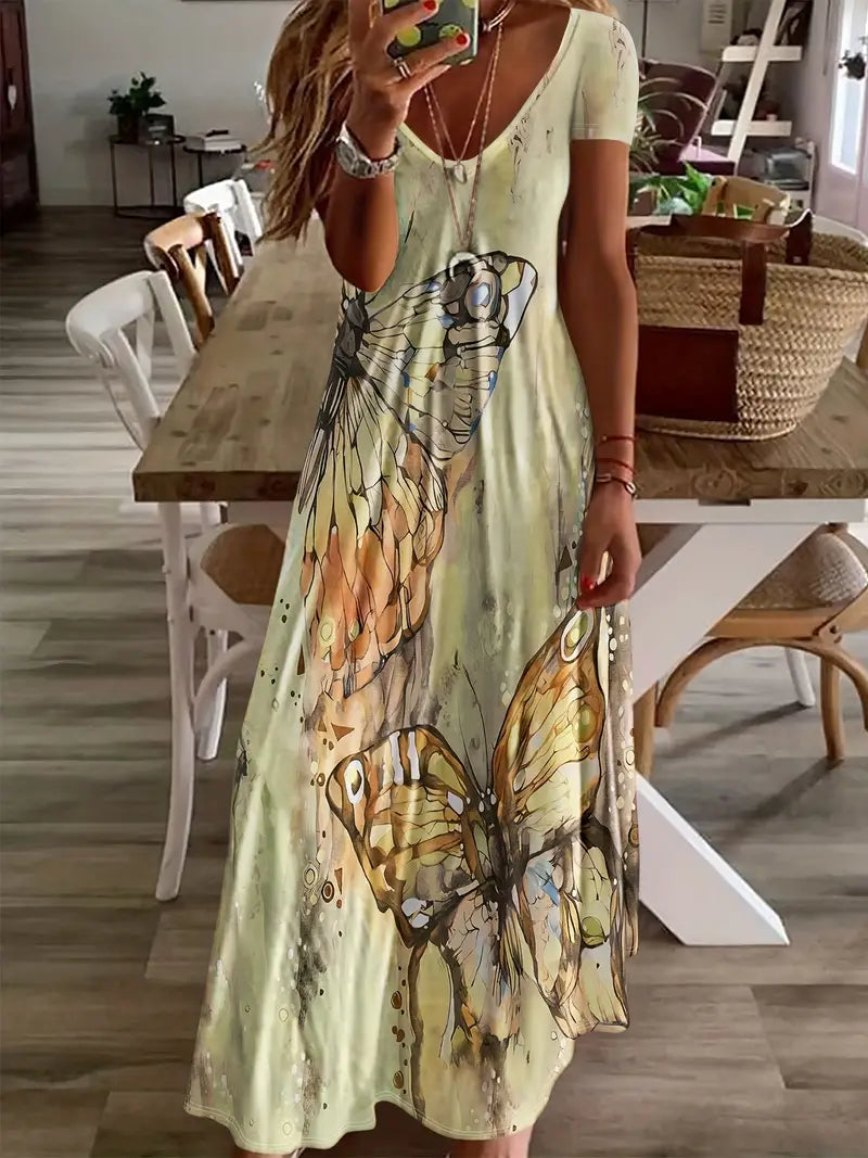 Vestido Casual con Escote en V y Estampado de Mariposas