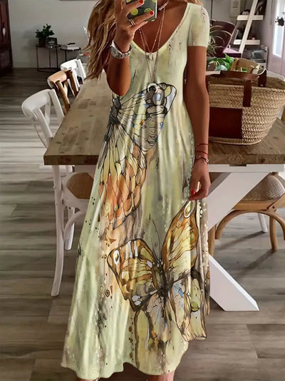 Vestido Casual con Escote en V y Estampado de Mariposas