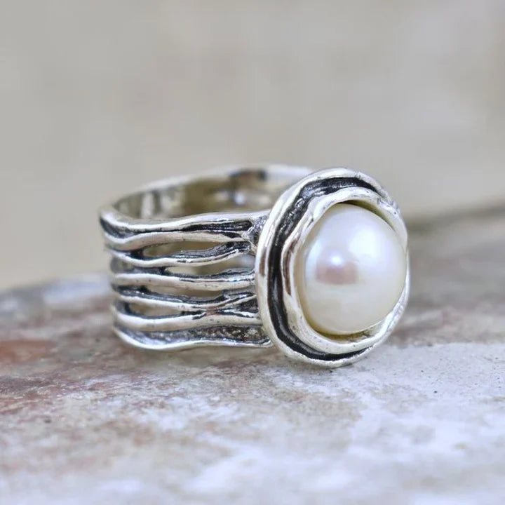 Anillo Perla Multicapa Vintage en Plata