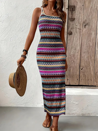 Vestido De Tirantes Con Cuello Cuadrado Y Estampado A Rayas