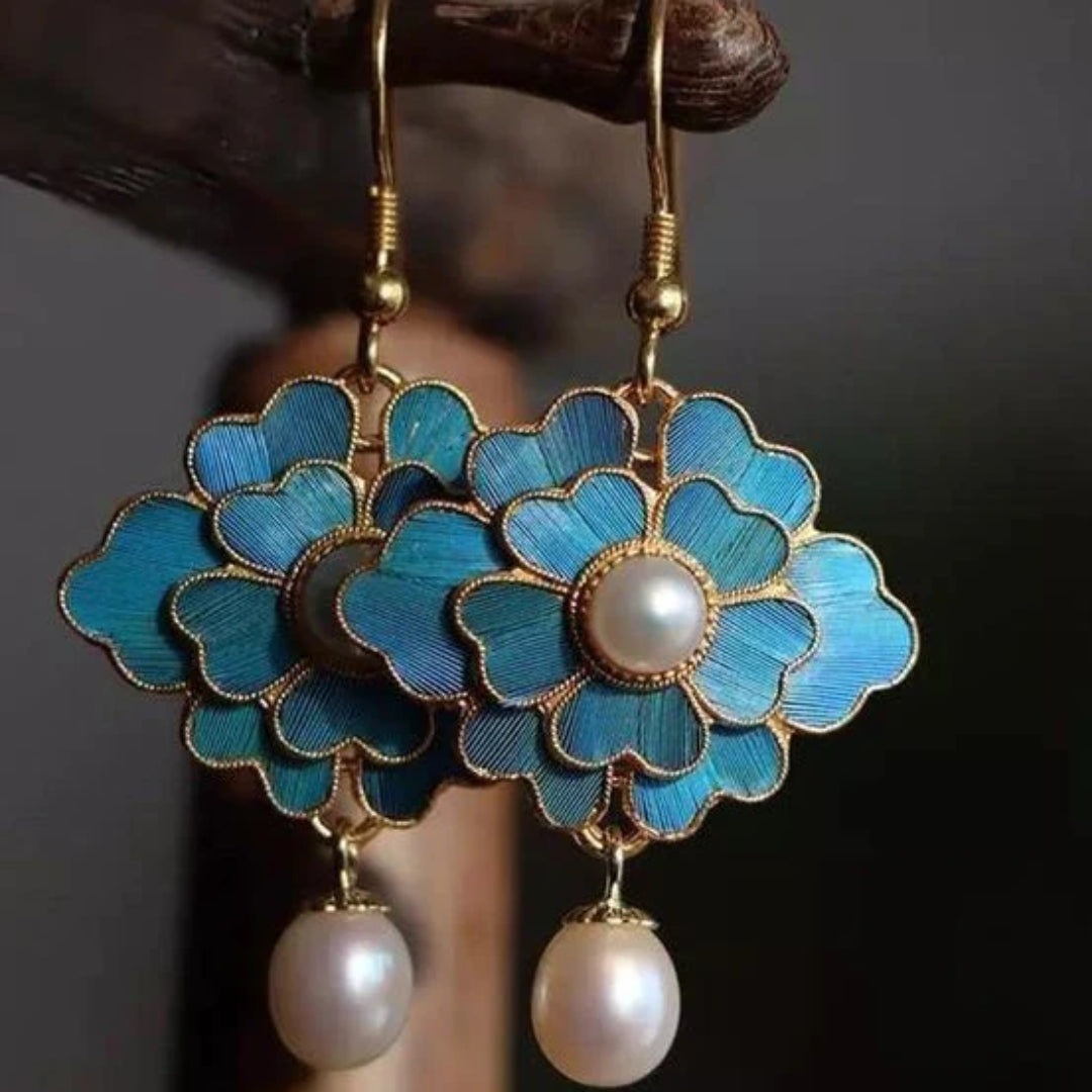 Aretes Flor Azul y Perlas Vintage