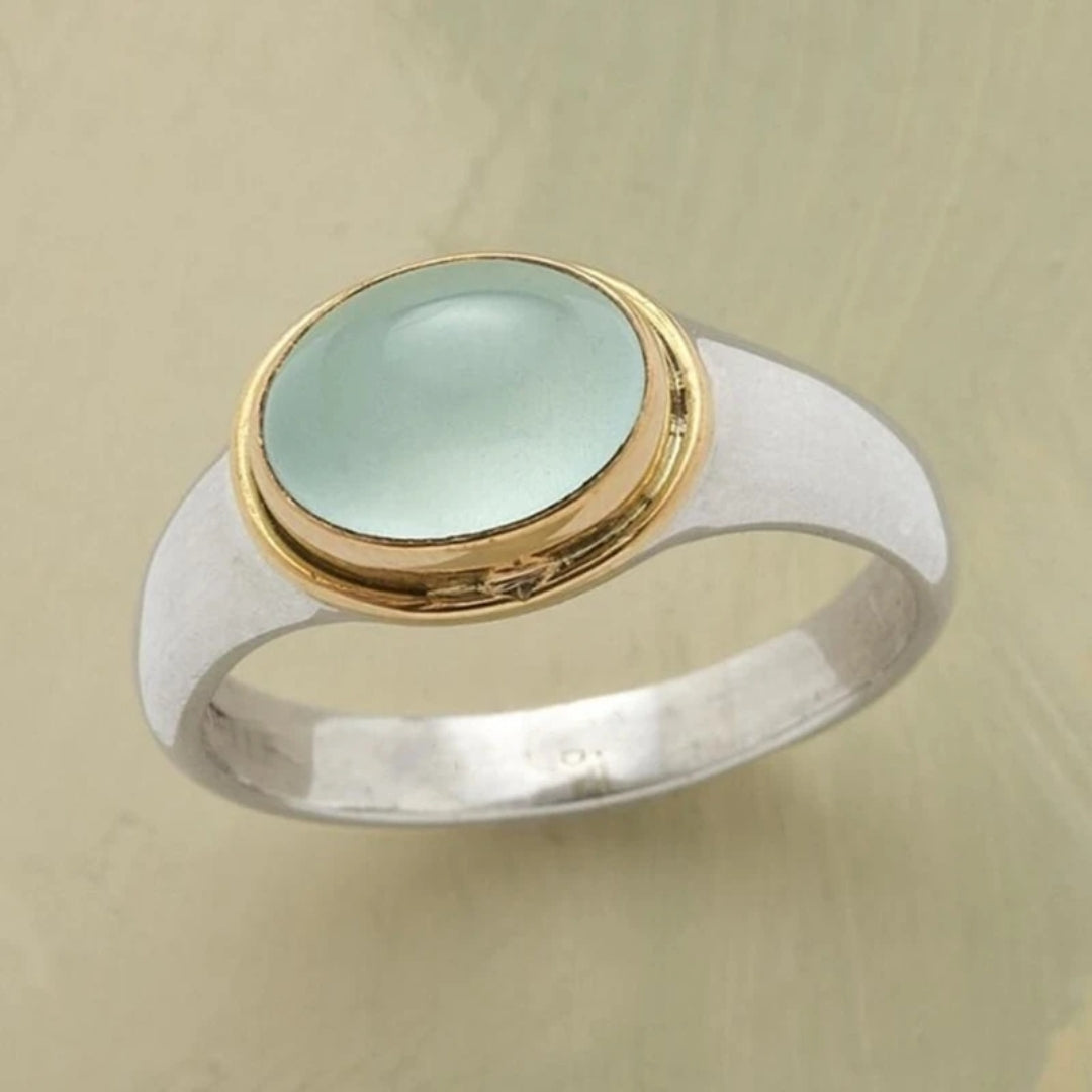 Anillo Cristal Lunar Verde Vintage en Plata
