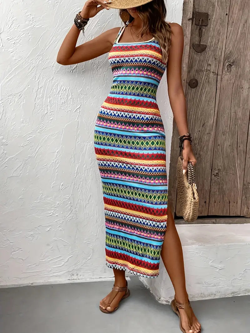 Vestido De Tirantes Con Cuello Cuadrado Y Estampado A Rayas