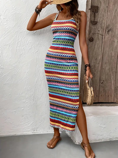 Vestido De Tirantes Con Cuello Cuadrado Y Estampado A Rayas