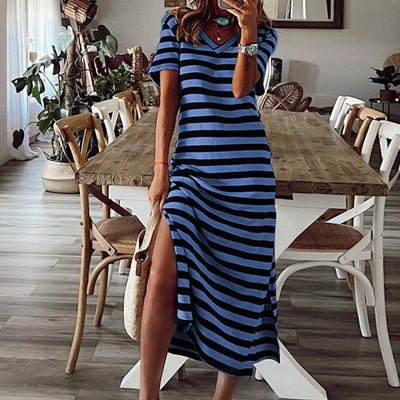 Vestido largo vintage de manga corta a rayas