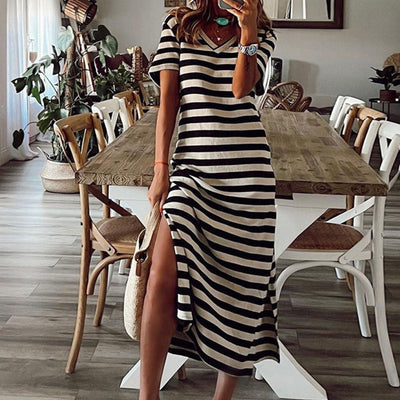 Vestido largo vintage de manga corta a rayas