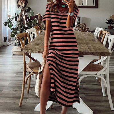 Vestido largo vintage de manga corta a rayas