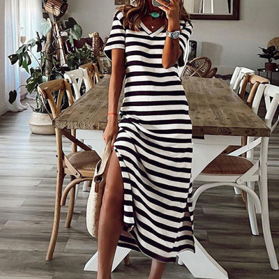 Vestido largo vintage de manga corta a rayas