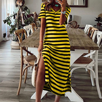 Vestido largo vintage de manga corta a rayas
