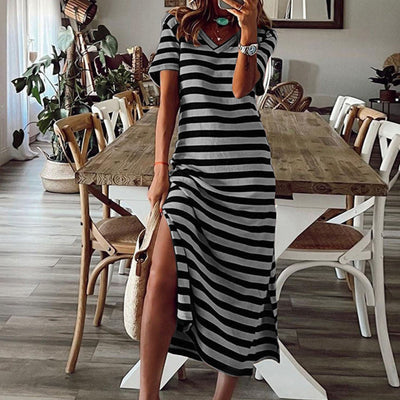 Vestido largo vintage de manga corta a rayas