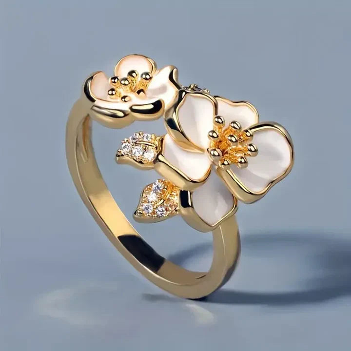 Anillo Esmalte Blanco Floral Vintage