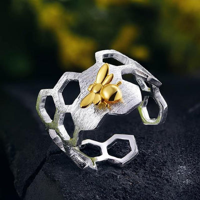 Anillo Panal de Abeja Ajustable en Plata