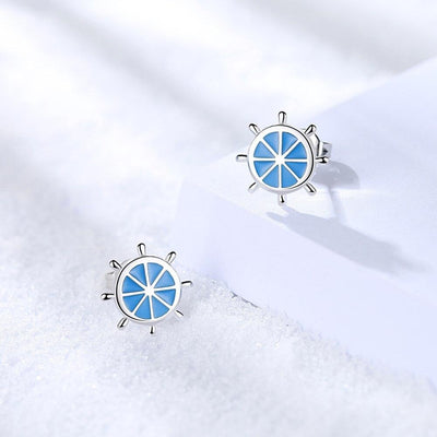 Aretes Timón en Plata y Esmalte Azul Pintado a Mano
